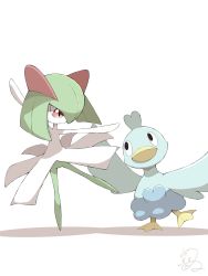 Rule 34 | ballet, bird, black eyes, closed mouth, commentary request, creatures (company), duck, ducklett, eye contact, game freak, gen 3 pokemon, gen 5 pokemon, highres, kirlia, looking at another, nintendo, pokemon, pokemon (creature), shabana may, signature, standing, standing on one leg