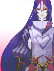 Rule 34 | 1girl, absurdres, breasts, cowboy shot, fate/grand order, fate (series), floral print, gradient background, highres, japanese clothes, large breasts, lips, long hair, mature female, minamoto no raikou (fate), moedredd, parted bangs, puffy sleeves, purple eyes, purple hair, ribbed sleeves, serious, simple background, solo, tassel