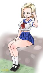 Rule 34 | android 18, bad id, bad pixiv id, dragon ball, dragonball z, dress, earrings, highres, jewelry, legs, looking at viewer, midriff, one eye closed, pinkpawg, sailor dress, school uniform, shiny skin, sitting, skirt, tagme, tongue, tongue out, wink
