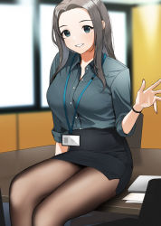 Rule 34 | 1girl, black pantyhose, black skirt, blue eyes, blue shirt, blurry, blurry background, blush, collared shirt, doushimasho, grey hair, hand up, highres, id card, indoors, long hair, long sleeves, looking at viewer, mole, mole under eye, office lady, original, pantyhose, pencil skirt, shirt, sitting, sitting on table, skirt, smile, solo, table, window
