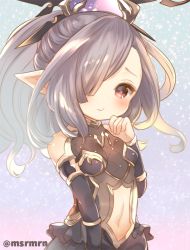 Rule 34 | 1girl, bad id, bad pixiv id, bare shoulders, belly, blush, blush stickers, granblue fantasy, hair ornament, hair over one eye, hairclip, hand on own face, harvin, mashiro miru, navel, niyon (granblue fantasy), pink eyes, pointy ears, ponytail, pout, purple hair, simple background, solo, twitter username, wavy hair