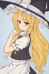 Rule 34 | 1girl, :/, apron, black vest, blonde hair, blush, cowboy shot, expressionless, flat chest, from side, grey background, half-closed eyes, hand up, hat, highres, index finger raised, kanpa (campagne 9), kirisame marisa, long hair, looking at viewer, puffy short sleeves, puffy sleeves, short sleeves, simple background, solo, touhou, turtleneck, very long hair, vest, waist apron, witch hat, yellow eyes