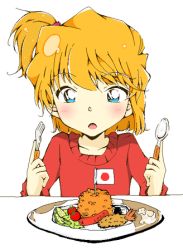 Rule 34 | 1girl, :o, blue eyes, blush, brown hair, flag, food, haibara ai, hiro chi, lowres, meitantei conan, official style, okosama lunch, short hair, side ponytail, simple background, solo, white background