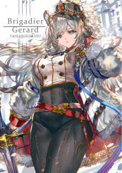 Rule 34 | 1girl, animal ears, belt, blue eyes, breasts, buttons, cameltoe, character name, coat, english text, floating hair, gold, grey hair, hat, highres, large breasts, long hair, looking at viewer, medal, original, ran&#039;ou (tamago no kimi), serious, sword, weapon, white hair, winter clothes
