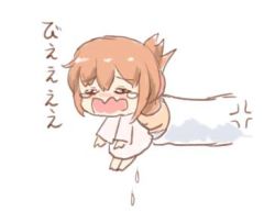 Rule 34 | 10s, 1girl, aged down, alternate costume, brown hair, closed eyes, crying, folded ponytail, gale kawaii, inazuma (kancolle), kantai collection, long hair, long sleeves, lowres, open mouth, pee, peeing, ponytail, simple background, solo focus, tears, translated, wavy mouth, white background