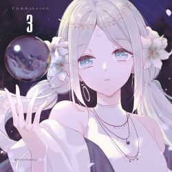 Rule 34 | 1girl, artist name, blue eyes, commission, crescent, dark background, facial mark, fantasy, flower, forehead mark, hair flower, hair ornament, hand up, jewelry, long hair, necklace, orb, original, pale skin, reflection, sleeveless, twintails, upper body, white hair, yuizayomiya