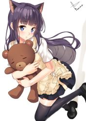 Rule 34 | 10s, 1girl, 2015, apron, black footwear, black skirt, black thighhighs, blue eyes, blush, d:, daisy (working!!), dated, extra ears, eyebrows, holding, holding stuffed toy, loafers, long hair, looking at viewer, miniskirt, open mouth, purple hair, shirt, shoes, short sleeves, signature, skirt, solo, stuffed animal, stuffed toy, teddy bear, thighhighs, very long hair, waitress, white background, white shirt, working!!, yamada aoi, yappen, yatsu (sasuraino), zettai ryouiki