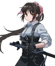 Rule 34 | 1girl, black gloves, black hair, black skirt, blue shirt, brown eyes, closed mouth, collared shirt, commentary request, floating hair, gloves, hair ribbon, high-waist skirt, holding, holding sheath, holding sword, holding weapon, long hair, long sleeves, looking at viewer, original, pink ribbon, ponytail, ribbon, sheath, sheathed, shirt, simple background, skirt, solo, striped clothes, striped shirt, sword, t-naka-s-12, v-shaped eyebrows, vertical-striped clothes, vertical-striped shirt, very long hair, weapon, white background
