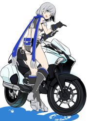 Rule 34 | 1girl, :d, ass, back, bad id, bad pixiv id, belt, black gloves, blue eyes, boots, cellphone, doko tetora, gloves, grey hair, long hair, looking at viewer, midriff, motor vehicle, motorcycle, open mouth, original, phone, pointing, scarf, sheath, sheathed, silhouette, smartphone, smile, solo
