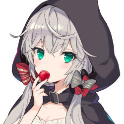Rule 34 | 1girl, ame8desu, aqua eyes, biting, black cloak, cloak, food, fruit, green eyes, highres, holding, holding food, hood, long hair, low twintails, messy hair, original, portrait, silver hair, simple background, solo, strawberry, twintails, white background