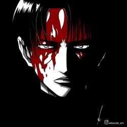 Rule 34 | 1boy, aboude art, artist name, black hair, blood, blood on face, closed mouth, commentary, hair between eyes, instagram logo, instagram username, levi (shingeki no kyojin), limited palette, looking at viewer, male focus, shingeki no kyojin, short hair, signature, solo, spot color