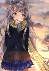 Rule 34 | 10s, 1girl, absurdres, arm behind back, bad id, bad pixiv id, blush, brown hair, cloud, coat, cowboy shot, hand to own mouth, highres, long hair, love live!, love live! school idol project, minami kotori, plaid, plaid scarf, pleated skirt, scarf, shigure ui, skirt, sky, solo, sweater, twilight, very long hair, winter clothes, winter coat, yellow eyes