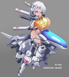 Rule 34 | 1girl, r-9a arrowhead, blue eyes, blush, breasts, character name, commentary request, covered mouth, full body, gloves, grey background, grey gloves, grey hair, groin, hair between eyes, hands up, highres, karukan (monjya), mecha musume, navel, personification, r-9a arrowhead, r-type, simple background, sitting, small breasts, solo, transparent