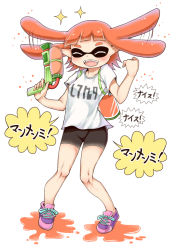 Rule 34 | 1girl, afterimage, bike shorts, catchphrase, closed eyes, commentary request, container, fangs, flapping, full body, happy, holding, ink tank (splatoon), inkling, inkling girl, inkling player character, long hair, motion lines, nintendo, orange hair, paint splatter, pointy ears, ryokuyou (greencosmos), shirt, shoes, sneakers, solo, sparkle, splatoon (series), splatoon 1, splattershot (splatoon), standing, super soaker, t-shirt, tentacle hair, translated, white background