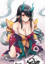 Rule 34 | 1girl, absurdres, arknights, bare shoulders, black hair, blush, breasts, calligraphy brush, collarbone, dragon girl, dragon horns, dragon tail, dusk (arknights), fate/grand order, fate (series), highres, horns, ink, japanese clothes, katsushika hokusai (fate), kimono, kneehighs, long hair, paintbrush, paper, pointy ears, red eyes, ribbon, ryuuneart, socks, solo, tail, tattoo