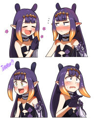 Rule 34 | + +, 1girl, :d, = =, bare shoulders, black collar, blunt bangs, blush, center-flap bangs, closed eyes, closed mouth, clothing cutout, collar, collarbone, commentary, commentary request, cutout above navel, ddolbang, detached sleeves, double-parted bangs, dress, ear blush, english commentary, fang, flower, flying sweatdrops, frown, fur-trimmed collar, fur trim, gloves, gradient hair, hand up, hands up, highres, hololive, hololive english, korean commentary, long hair, looking to the side, mixed-language commentary, mole, mole under eye, multicolored hair, multiple views, ninomae ina&#039;nis, ninomae ina&#039;nis (1st costume), nose blush, open mouth, orange hair, own hands together, pink flower, pointy ears, purple gloves, purple hair, sidelocks, simple background, single detached sleeve, smile, straight hair, strapless, strapless dress, sweatdrop, tentacle hair, v-shaped eyebrows, virtual youtuber, wavy mouth, white background, white sleeves, wide-eyed