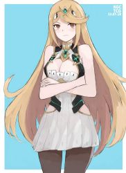 Rule 34 | 1girl, bare shoulders, black pantyhose, blonde hair, blue background, blush, breasts, cleavage, crossed arms, dress, gem, hair ornament, headpiece, highres, kgctcg, large breasts, long hair, mythra (massive melee) (xenoblade), mythra (xenoblade), nintendo, pantyhose, simple background, solo, spirit (super smash bros.), super smash bros., swept bangs, thighhighs, tiara, tsundere, very long hair, white background, white dress, xenoblade chronicles (series), xenoblade chronicles 2, yellow eyes