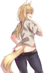 Rule 34 | 1girl, animal ears, ass, ayyh, blonde hair, clothes pull, contrapposto, from behind, hand on own hip, hand on own chest, highres, long hair, looking back, low ponytail, open mouth, original, pants, pants pull, red eyes, simple background, sleeves rolled up, smile, solo, standing, tail, white background