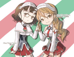 Rule 34 | 10s, 2girls, anchor, blunt bangs, breasts, brown eyes, brown hair, capelet, character name, corset, detached sleeves, dress, garter straps, glasses, hair between eyes, headdress, holding hands, kantai collection, large breasts, littorio (kancolle), long hair, miniskirt, multiple girls, neckerchief, necktie, pince-nez, roma (kancolle), short hair, skirt, sleeveless, sleeveless dress, smile, swept bangs, tamae (pixiv40276), wavy hair