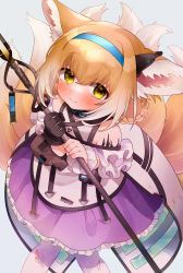 Rule 34 | 1girl, absurdres, animal ear fluff, animal ears, arknights, bare shoulders, black gloves, blonde hair, blouse, blue hairband, blush, braid, braided hair rings, closed mouth, commentary request, fox ears, fox girl, fox tail, frilled skirt, frills, gloves, gradient hair, grey background, hair between eyes, hair rings, hairband, highres, holding, infection monitor (arknights), kitsune, looking at viewer, material growth, multicolored hair, oripathy lesion (arknights), pantyhose, purple skirt, shirt, single glove, skirt, smile, solo, standing, suzuran (arknights), tail, takumi mizuki, torn clothes, torn pantyhose, twin braids, white hair, white pantyhose, white shirt, wrist cuffs, yellow eyes