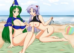 Rule 34 | 2girls, ball, beach, beach towel, beachball, blush, breasts, cloud, female focus, green eyes, green hair, grey eyes, hair bobbles, hair ornament, highres, large breasts, long hair, mima (touhou), morikurousagi, multiple girls, mystic square, nipples, ocean, open mouth, sand, shinki (touhou), side ponytail, silver hair, simple background, swimsuit, touhou, touhou (pc-98), towel, untied