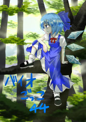 Rule 34 | 1girl, bad id, bad pixiv id, blue dress, blue eyes, blue hair, blue ribbon, bow, cirno, dress, hair bow, highres, ice, ice wings, in tree, niiko (gonnzou), puffy short sleeves, puffy sleeves, red bow, red ribbon, ribbon, short hair, short sleeves, sitting, sitting in tree, solo, touhou, tree, wings
