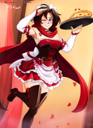 Rule 34 | 1girl, absurdres, armpits, bare shoulders, black hair, blush, boots, breasts, choker, detached sleeves, flower, food, gradient hair, hair between eyes, high heels, highres, holding, holding food, holding pizza, holding tray, looking at viewer, maid, maid headdress, medium breasts, multicolored hair, one eye closed, pizza, red hair, rose, ruby rose, rwby, salute, short hair, smile, solo, standing, thigh boots, thighhighs, tray, two-tone hair, vilde loh hocen, watermark, web address, zsky