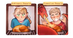 Rule 34 | 1boy, 1girl, against glass, blonde hair, blue shirt, blush, breath weapon, breathing fire, chicken (food), closed mouth, commentary, comparison, cooking, dehubbleton, dragon, dungeon meshi, elf, english commentary, english text, excited, fire, food, green eyes, grey hair, hand on glass, happy, highres, horns, laios touden, long hair, looking down, marcille donato, meme request, multiple horns, open mouth, oven, oven interior, pointy ears, ponytail, red shirt, shirt, short hair, short sleeves, smile, sparkling eyes, tray, twitter username, upper body, waiting, western dragon