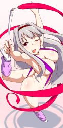 Rule 34 | 1girl, blush, breasts, clearite, idolmaster, idolmaster (classic), large breasts, long hair, one eye closed, open mouth, red eyes, shijou takane, slingshot swimsuit, smile, solo, swimsuit, wink