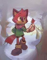 Rule 34 | 1boy, animal ears, animal nose, black footwear, blush, closed mouth, commentary, cooki bob, english commentary, full body, furry, furry male, gloves, green eyes, green jacket, highres, holding, holding leaf, jacket, leaf, long sleeves, male focus, outdoors, protagonist (the murder of sonic the hedgehog), red scarf, scarf, shoes, smile, snow, solo, sonic (series), standing, the murder of sonic the hedgehog, tree, walking, white gloves, winter