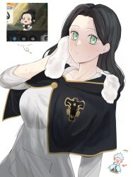 Rule 34 | 1girl, black bulls (emblem), black capelet, black clover, black hair, breasts, capelet, charmy pappitson, drying, green eyes, highres, large breasts, long hair, looking at viewer, reference inset, rizaavana, shirt, simple background, solo focus, sweat, towel, towel around neck, upper body, white background, white shirt, white towel