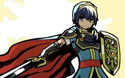 Rule 34 | blessedwithluck, blue eyes, blue hair, cape, falchion (fire emblem), fire emblem, fire emblem: mystery of the emblem, gloves, looking at viewer, male focus, marth (fire emblem), nintendo, short hair, smile, solo, sword, tiara, weapon