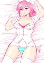 Rule 34 | 1girl, amanda evelyn earl, blue eyes, blush, bra, breasts, cleavage, gloves, hat, highres, lying, my little pony, nurse, nurse cap, nurse redheart, on back, panties, pink hair, ribbon, smile, solo, spittfireart, striped clothes, striped panties, thighhighs, underwear, white thighhighs