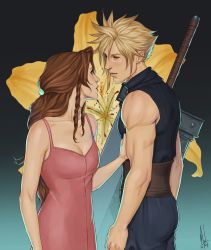 Rule 34 | 1boy, 1girl, aerith gainsborough, bare arms, bare shoulders, belt, blonde hair, blue pants, blue shirt, breasts, brown hair, buster sword, cloud strife, dress, final fantasy, final fantasy vii, flower, hair between eyes, hair pulled back, hand on another&#039;s arm, jacket, unworn jacket, lily (flower), long hair, looking at another, materia, medium breasts, merwild, muscular, muscular male, pants, parted bangs, parted lips, pink dress, shirt, short hair, sidelocks, sleeveless, sleeveless turtleneck, spiked hair, square enix, turtleneck, upper body, yellow flower