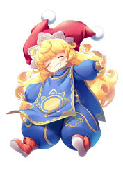 Rule 34 | 1girl, ^ ^, blonde hair, blush, boots, charlotte (seiken densetsu 3), closed eyes, commentary request, facing viewer, full body, grin, hat, highres, jester cap, kuwada yuuki, long hair, long sleeves, outstretched arms, puffy long sleeves, puffy sleeves, red footwear, red hat, seiken densetsu, seiken densetsu 3, shoe soles, short eyebrows, simple background, sleeves past wrists, smile, solo, spread arms, sun symbol, tabard, thick eyebrows, very long hair, white background