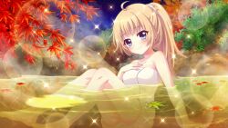 Rule 34 | 1girl, ahoge, alternate hairstyle, autumn leaves, barefoot, blue eyes, breasts, closed mouth, collarbone, dot nose, film grain, from side, game cg, hand on own chest, high ponytail, itsumura haruka, izumi tsubasu, lens flare, light brown hair, long hair, looking at viewer, medium breasts, naked towel, night, night sky, non-web source, official art, onsen, outdoors, partially submerged, re:stage!, rock, sitting, sky, smile, solo, sparkle, star (sky), towel, white towel