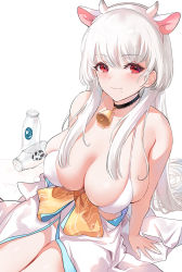 Rule 34 | animal ears, arm support, bell, bikini, bottle, breasts, cleavage, collar, collarbone, cow ears, cow horns, dated commentary, emyo, eyes visible through hair, fake animal ears, fake horns, glass bottle, headband, horns, huge breasts, japanese clothes, kimono, unworn kimono, long hair, milk bottle, mole, mole under mouth, neck bell, original, red eyes, simple background, sitting, skindentation, solo, spill, spilled milk, swimsuit, white background, white bikini, white hair, white kimono