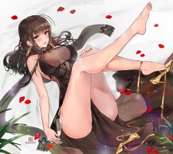 Rule 34 | 1girl, alcohol, alracoco, bare shoulders, barefoot, blunt bangs, blush, breasts, brown hair, cleavage, dress, dsr-50 (girls&#039; frontline), dsr-50 (highest bid) (girls&#039; frontline), feet, girls&#039; frontline, glass, hair ornament, high heels, highres, jewelry, large breasts, long hair, looking at viewer, official alternate costume, petals, red eyes, shoe dangle, shoes, sidelocks, solo, stiletto heels, toes, very long hair