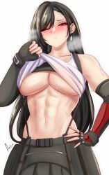 Rule 34 | 1girl, anisdrawn, bare shoulders, black gloves, black hair, black skirt, blush, breasts, clothes lift, commentary, earrings, elbow gloves, final fantasy, final fantasy vii, fingerless gloves, gloves, highres, jewelry, large breasts, lifted by self, long hair, looking at viewer, midriff, navel, nose blush, one eye closed, red eyes, shirt lift, skirt, solo, stomach, sweat, tank top, tifa lockhart, underboob, upper body, very long hair, white background, white tank top