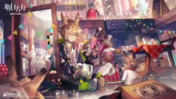 Rule 34 | 1boy, animal ears, arknights, bishounen, blonde hair, rabbit, cake, candy, food, food on face, green eyes, highres, jacket, kitchen, leonhardt (arknights), macaron, male focus, mixer (cooking), necktie, official art, one eye closed, rabbit boy, rabbit ears, shirt, shorts, sitting, socks, solo, suspenders, thighhighs, valentine, white shirt