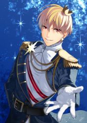 Rule 34 | 1boy, blonde hair, commentary request, crown, earrings, fate/grand order, fate/stay night, fate (series), fujimaru ritsuka (male), fujimaru ritsuka (male) (halloween royalty), gilgamesh (fate), gloves, halloween royalty, jewelry, looking at viewer, male focus, official alternate costume, open mouth, red eyes, rkp, short hair, smile, solo, white gloves