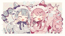 Rule 34 | &gt; &lt;, 2girls, animal hood, blue bow, blue bowtie, blue dress, blue hair, blush stickers, border, bow, bowtie, brown background, capelet, closed eyes, commentary, dress, glowstick, heart, highres, holding, holding microphone, hood, kanato345, long hair, microphone, multiple girls, music, open mouth, original, pink bow, pink bowtie, pink dress, pink hair, simple background, singing, smiley face, translated, twintails, upper body, v, wavy hair, white hood