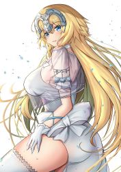 Rule 34 | 1girl, absurdres, ass, blonde hair, blue eyes, blush, breasts, dress, fate/apocrypha, fate/grand order, fate (series), gloves, headpiece, highres, jeanne d&#039;arc (fate), jeanne d&#039;arc (ruler) (fate), large breasts, long hair, looking at viewer, nuts (hazel-nuts), open mouth, smile, solo, thighhighs, thighs, very long hair, white dress, white gloves, white thighhighs