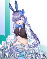 Rule 34 | 1girl, absurdres, animal ear hairband, animal ears, armored boots, black vest, blue eyes, blue ribbon, blush, boots, bow, bowtie, breasts, cropped vest, crossed legs, crotch plate, fake animal ears, fate/extra, fate/extra ccc, fate/grand order, fate (series), hair ribbon, highres, kachihokori satake, leotard, long hair, long sleeves, looking at viewer, meltryllis (fate), navel, open mouth, playboy bunny, prosthesis, prosthetic leg, purple hair, rabbit ear hairband, rabbit ears, ribbon, shirt, sitting, sleeves past fingers, sleeves past wrists, small breasts, very long hair, vest, white shirt