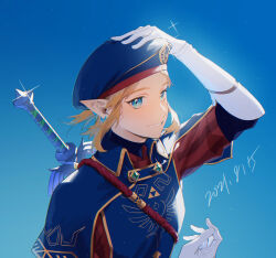 Rule 34 | 1boy, beret, blue background, blue capelet, blue eyes, blue hat, capelet, earrings, elbow gloves, gloves, hat, highres, jewelry, light brown hair, link, looking at viewer, male focus, master sword, nintendo, pointy ears, royal guard set (zelda), shikiri, short hair, short ponytail, sidelocks, smile, solo, sword, the legend of zelda, the legend of zelda: breath of the wild, upper body, weapon, weapon on back, white gloves