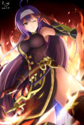 Rule 34 | 1girl, ahoge, alternate costume, bare shoulders, black dress, black thighhighs, blue hair, breasts, burning, dated, dress, fire, fire emblem, fire emblem: radiant dawn, gauntlets, gloves, green eyes, hairband, highres, large breasts, long hair, looking at viewer, mia (fire emblem), nintendo, one eye closed, pelvic curtain, red gloves, ryuusaki rei, sleeveless, sleeveless dress, smile, solo, sword, thighhighs, very long hair, weapon, white hairband, zettai ryouiki