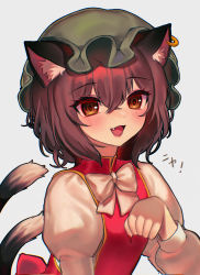 Rule 34 | 1girl, :d, absurdres, animal ear fluff, animal ears, blush, brown eyes, brown hair, cat ears, cat tail, chen, commentary, fang, fingernails, green hat, hair between eyes, hat, highres, juliet sleeves, lips, long sleeves, looking at viewer, medium hair, mob cap, multiple tails, nail polish, nekomata, open mouth, puffy sleeves, qiu ju, red nails, red vest, sharp fingernails, shirt, simple background, sleeve cuffs, smile, solo, tail, touhou, two tails, upper body, vest, white background, white shirt