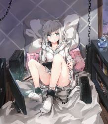 Rule 34 | 1girl, ass, balcony, bare legs, bed, blue eyes, blush, book, bookshelf, breasts, chain, collarbone, computer, cuffs, cup, drawer, evening, full body, fur trim, grin, hair between eyes, headphones, headphones around neck, highres, holding, holding stylus, indoors, jacket, keyboard, knees up, koomoi, long hair, long sleeves, looking at viewer, monitor, no shoes, on bed, original, parted lips, pillow, reclining, reflection, saucer, screen light, shade, sidelocks, silver hair, small breasts, smile, socks, solo, stylus, tablet pc, thighs, white jacket, white socks, window
