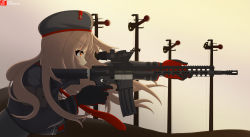 Rule 34 | 1girl, absurdres, arctic troll, beret, black gloves, black hat, black jacket, brown hair, collaboration, commentary request, dated, gloves, goddess of victory: nikke, gun, hat, highres, holding, holding gun, holding weapon, jacket, long hair, looking away, outdoors, pie cherry, profile, rapi (nikke), red eyes, red gloves, sky, solo, sunrise, weapon, weapon request