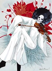Rule 34 | 1boy, afro, alcohol (alc96vol), black footwear, black hair, brook (one piece), cloak, crossed legs, floral background, flower, highres, holding, holding instrument, holding violin, instrument, invisible chair, long sleeves, one piece, red flower, sitting, skull, teeth, twitter username, violin, white cloak, white flower, wide sleeves